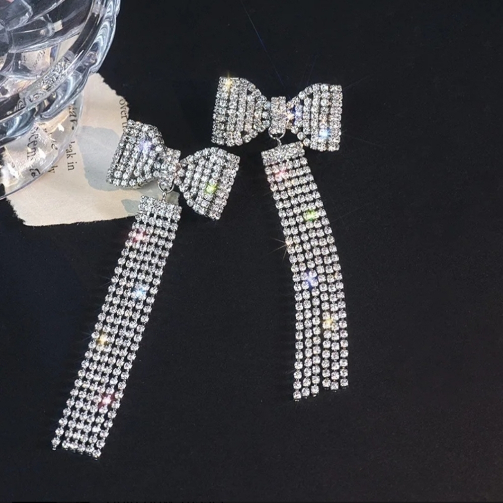 Zircon Bow Earrings Silver Tone Sparkle Drop Earring Statement - Picture 5 of 8